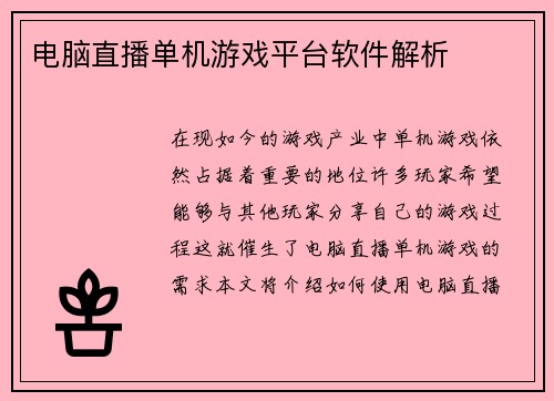 电脑直播单机游戏平台软件解析