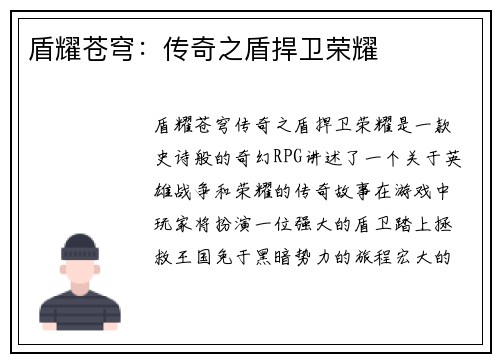 盾耀苍穹：传奇之盾捍卫荣耀